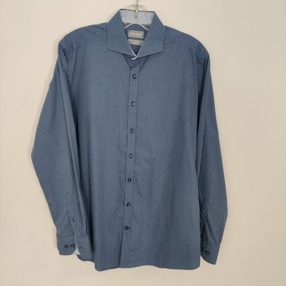 Sondergaard Men's Button Dress Shirt Size 16.5 Polka Dot Blue Cotton Office - Picture 1 of 9
